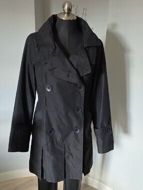 Three Stones Black Double-Breasted Pleated Trench Coat - Medium (M)